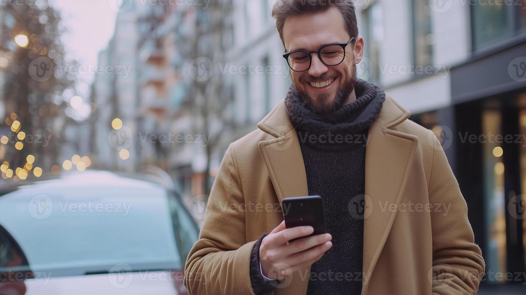 happy man in stylish coat smiles while using mobile phone outdoors photo