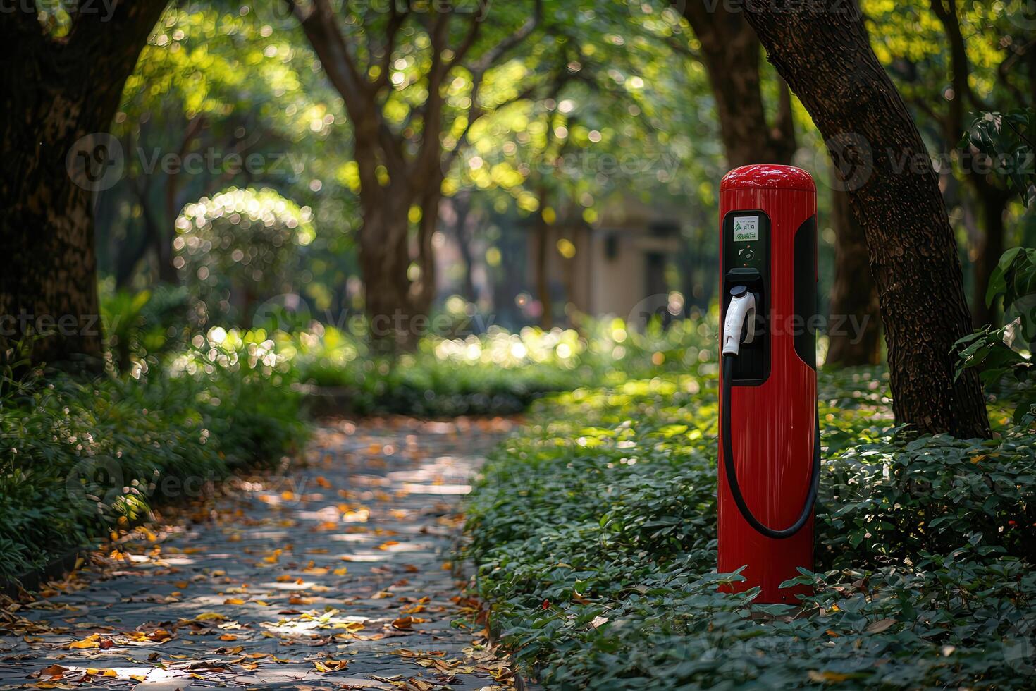 vibrant electric vehicle charging station surrounded by lush greenery photo