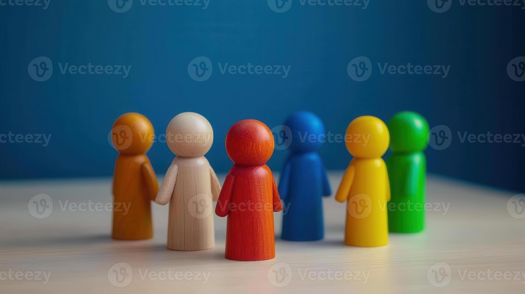 Diverse wooden figures holding hands symbolize unity and inclusion photo