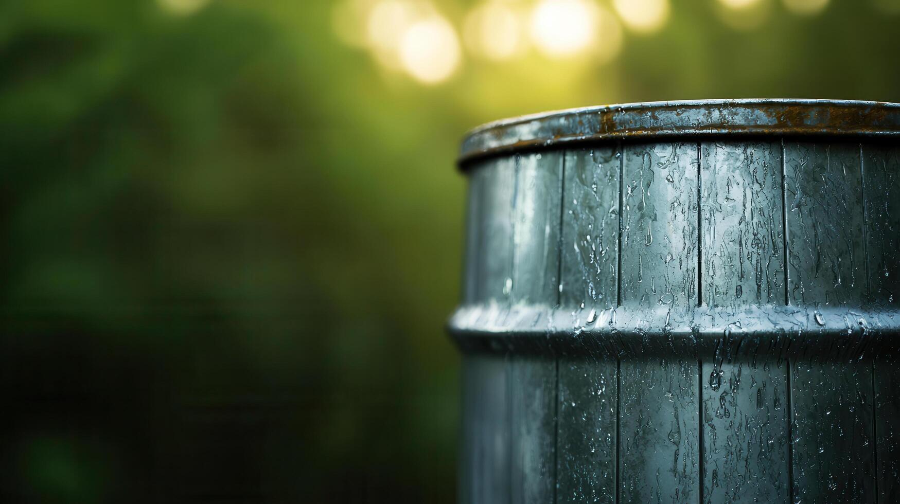 Rainwater harvesting system in urban environment with metal barrel photo