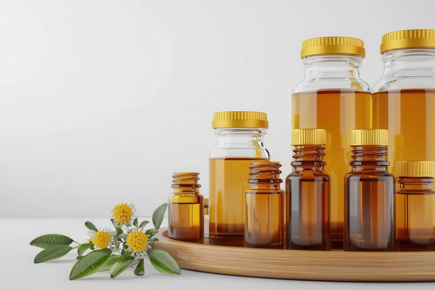 Small batch essential oils in glass bottles arranged on wooden tray, showcasing natural beauty and simplicity photo