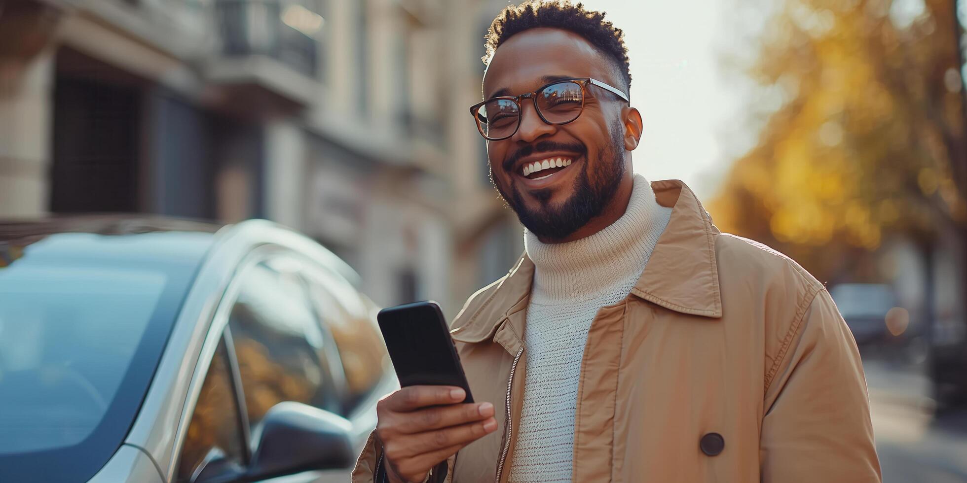 Happy man using smartphone outdoors, wearing glasses and stylish coat photo