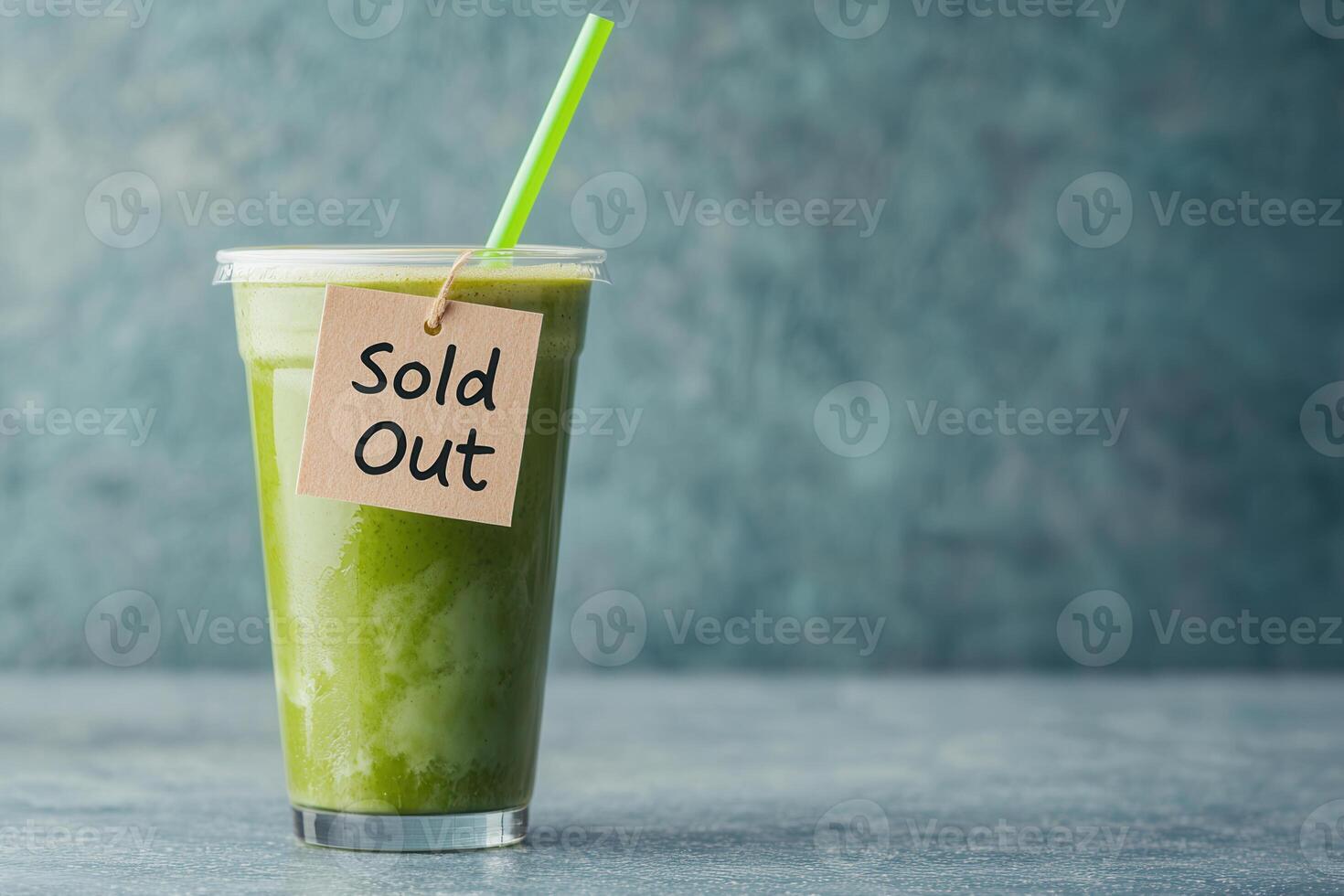 refreshing green drink in cup with Sold Out tag, showcasing vibrant colors photo