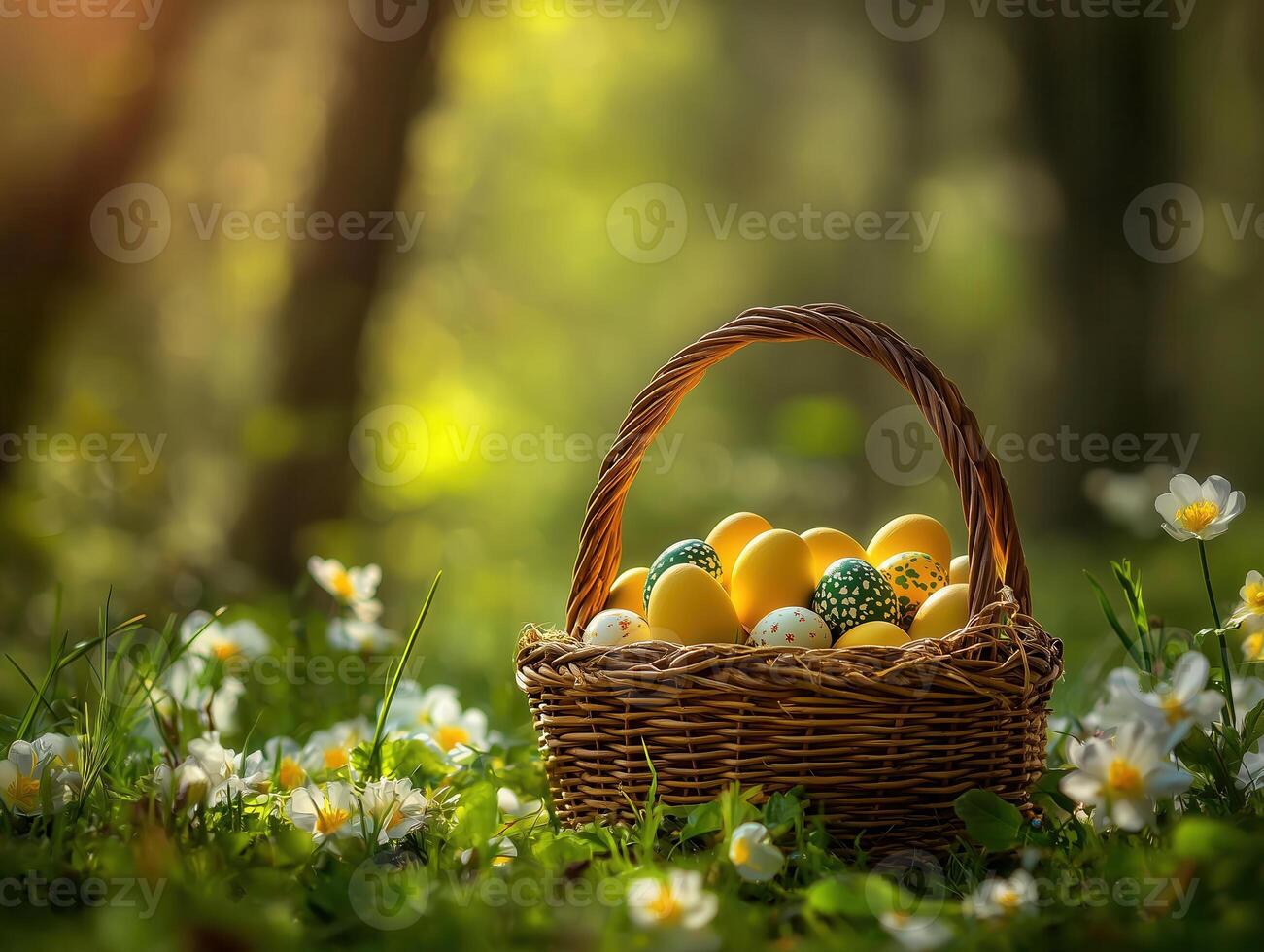 basket filled with colorful Easter eggs in flower field, surrounded by greenery and soft sunlight, creates cheerful and festive atmosphere photo