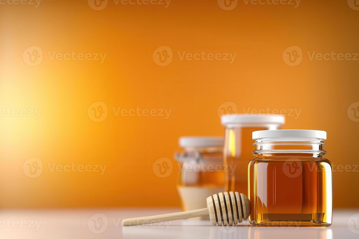 Locally sourced honey in glass jars with wooden dipper, showcasing natural sweetness and warmth photo