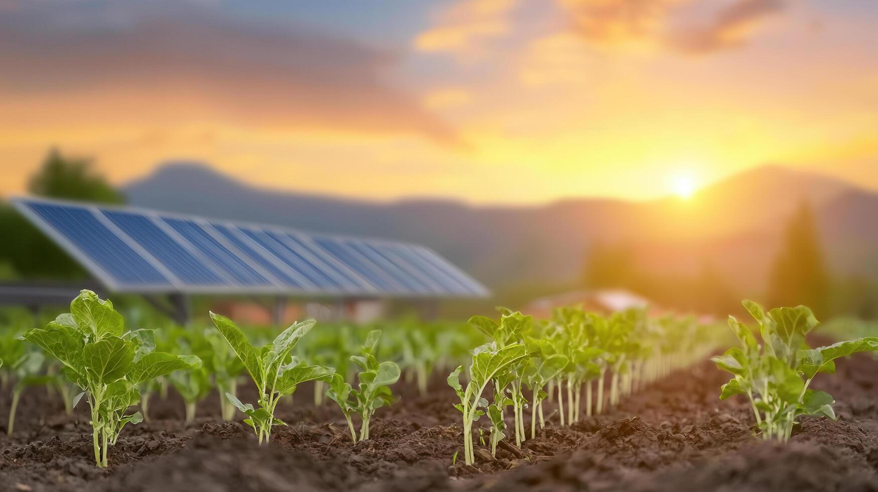 Fresh organic crops growing in solar powered greenhouse at sunset photo