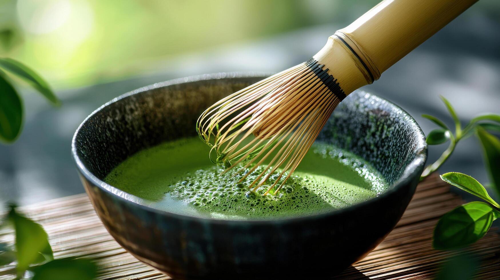 serene close up of matcha green tea preparation, showcasing bamboo whisk in bowl. vibrant green color evokes tranquility and freshness photo