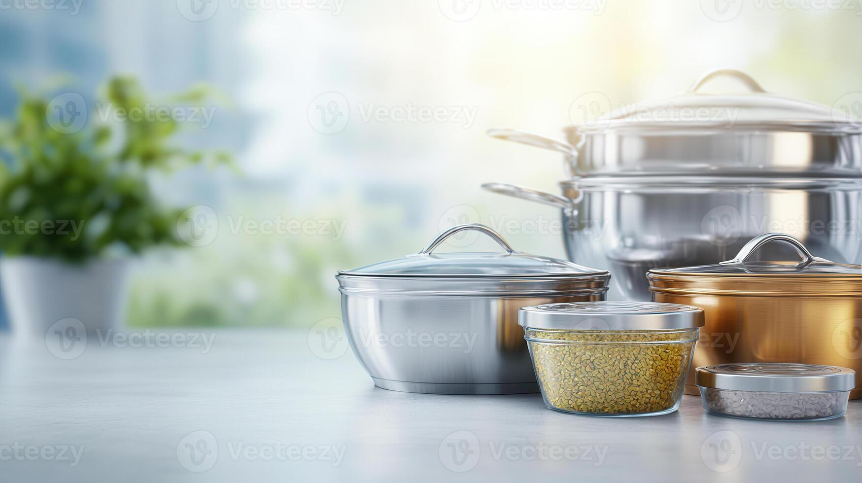 Shiny kitchenware with polished surfaces, showcasing pots and jars photo