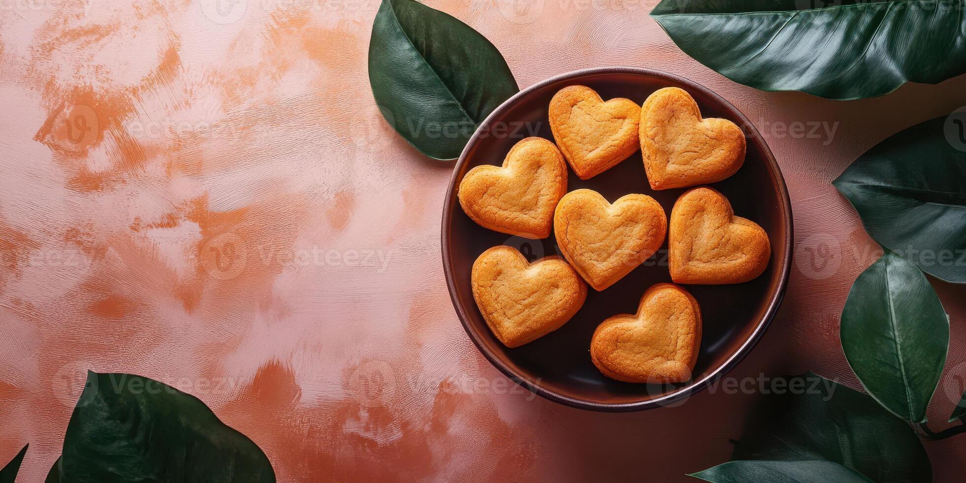 en forma de corazon galletas arreglado en un decorativo plato con verde hojas en un texturizado antecedentes foto