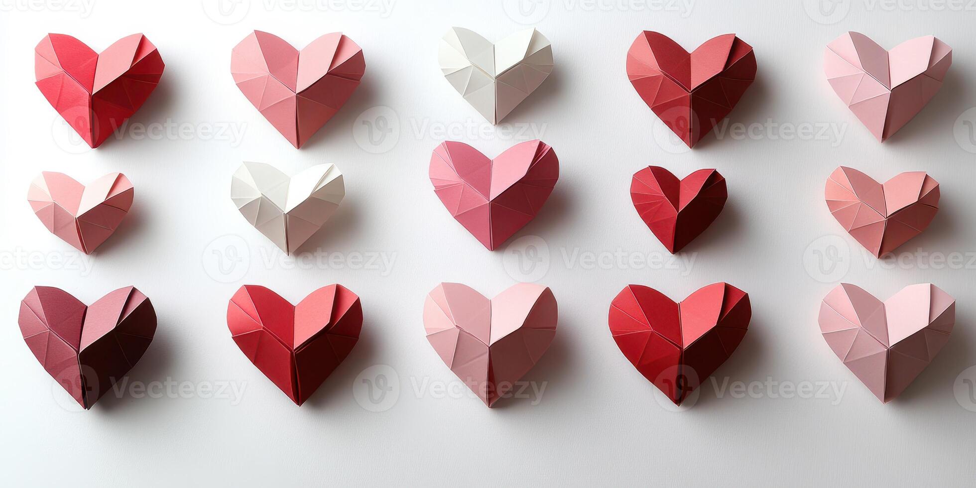 Colorful paper hearts displayed on a white background showcasing creative design and artistic craftsmanship photo