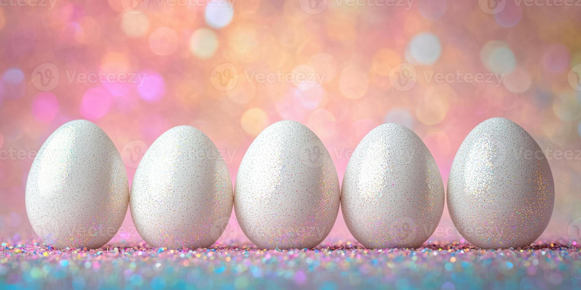 Sparkling white eggs arranged in a line on a vibrant, colorful background during a festive celebration photo