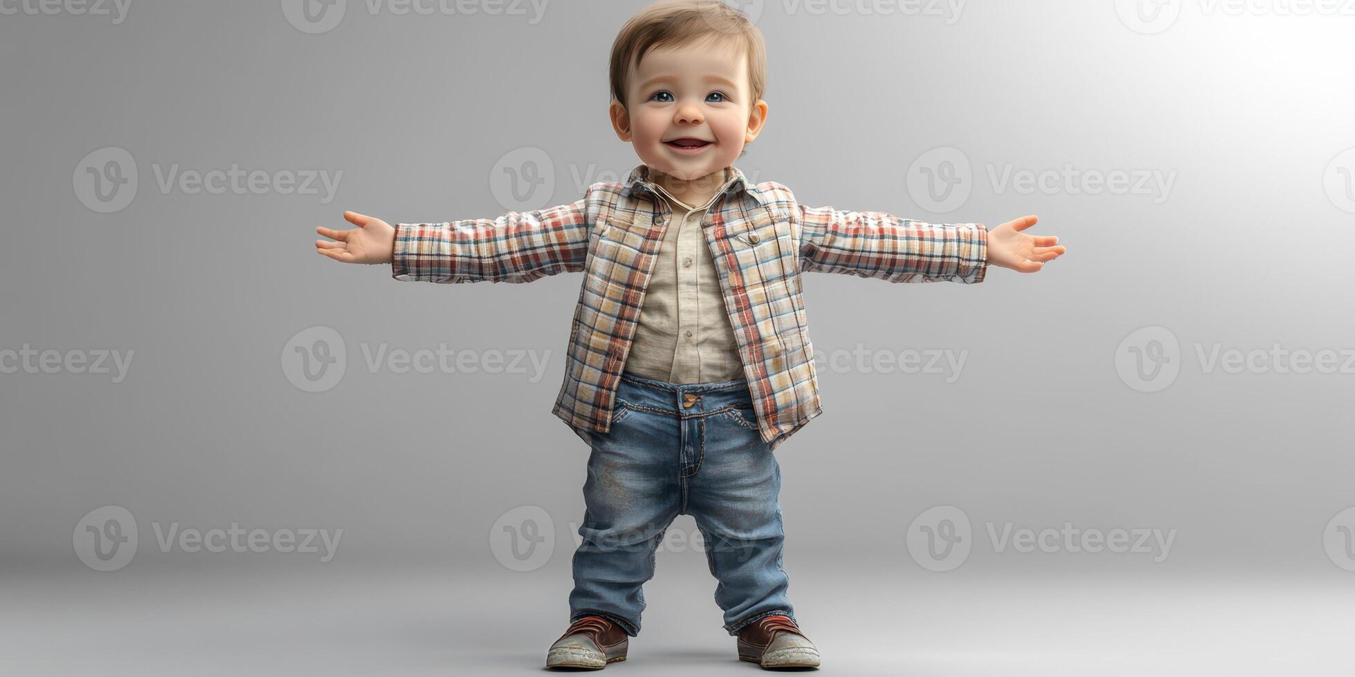 Happy child stands with arms wide open in a playful pose during a bright indoor setting photo
