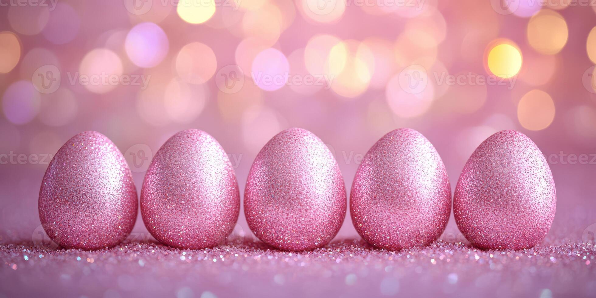 Sparkling pink easter eggs lined up against a dreamy pastel background during a festive celebration photo