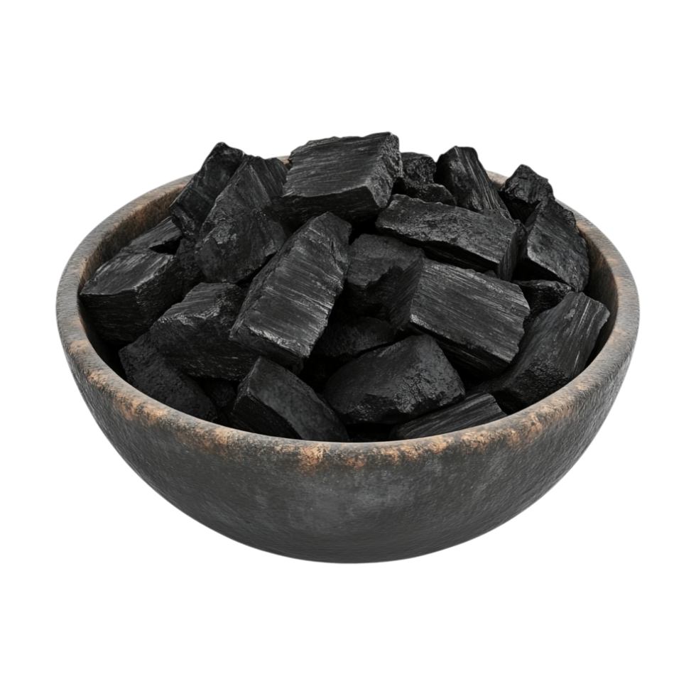 bowl of black charcoal on a transparent background png