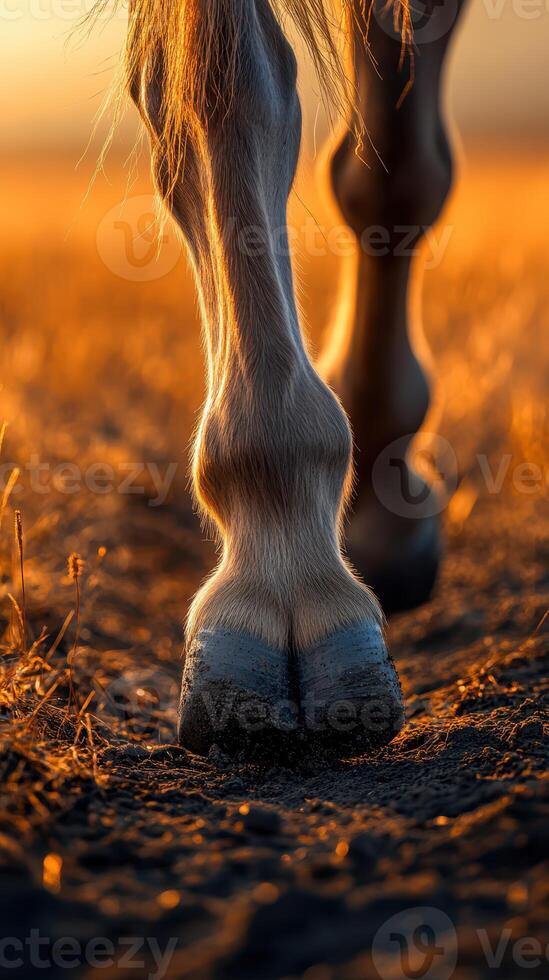 Horse walking through golden fields at sunset with warm lighting illuminating the hooves and surrounding grass photo