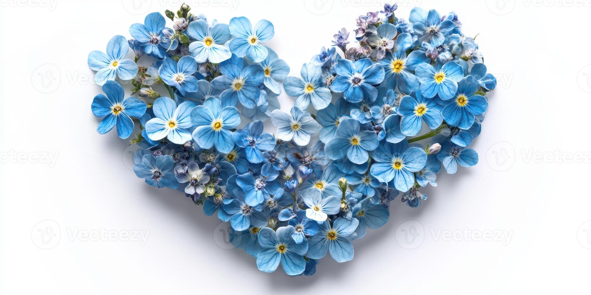 Beautiful blue flowers arranged in a heart shape on a white background, perfect for expressing love and affection photo