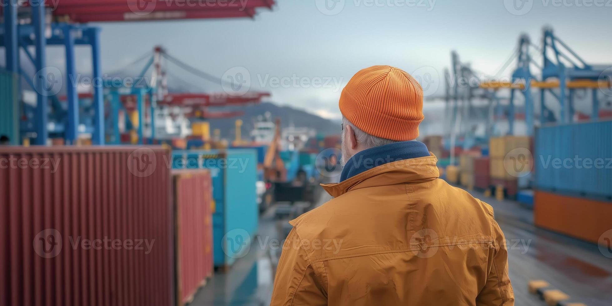 logistics coordinator in orange hat oversees stock at busy port. scene captures essence of maritime operations and supply chain management photo