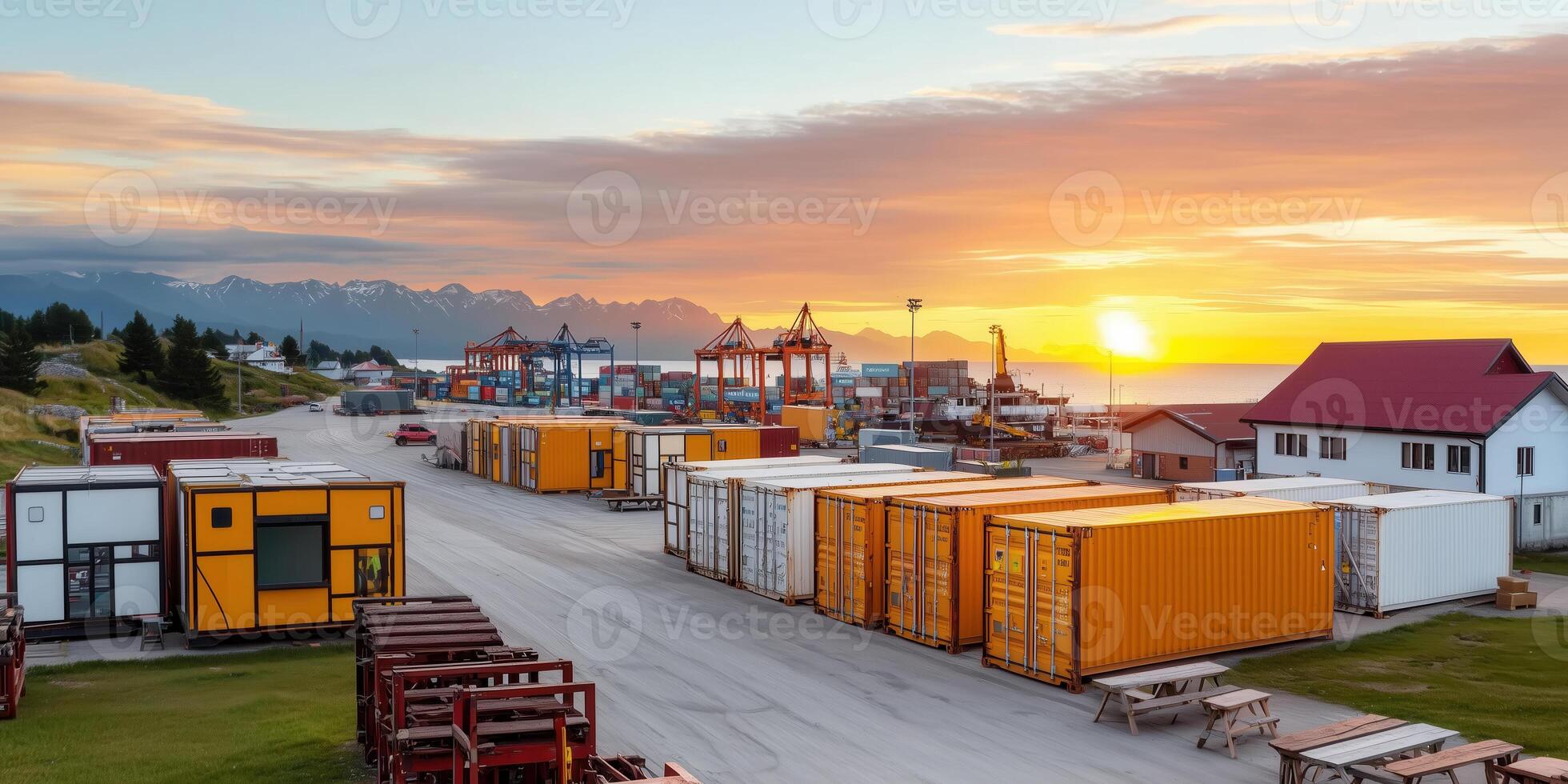 Colorful shipping containers at port during sunset with mountains photo