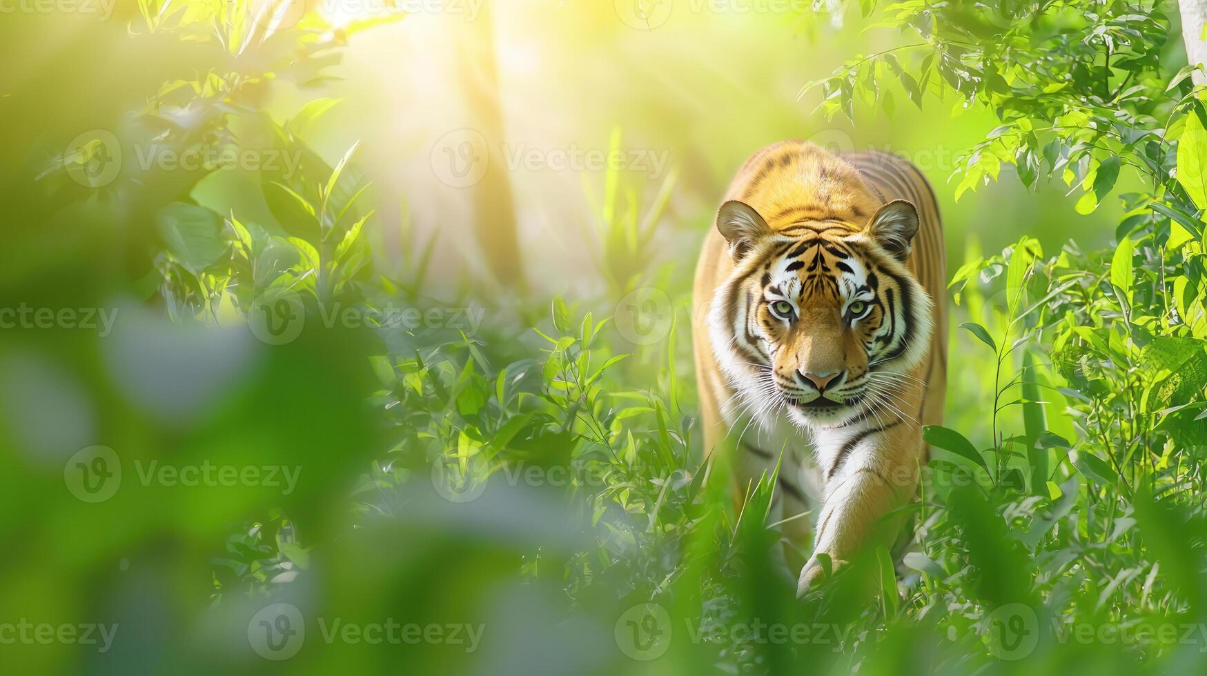 Majestic tiger walking through dense rainforest, showcasing its strength and beauty in vibrant, lush environment photo