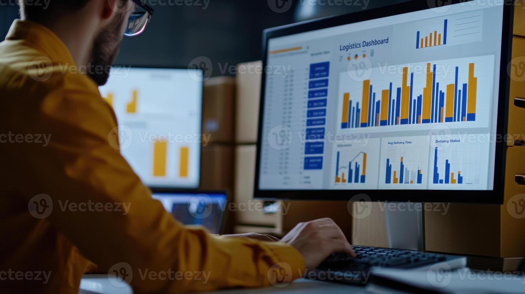 Business analyst using AI driven analytics dashboard for inventory forecasting, showcasing natural colors and Supply chain management concept photo