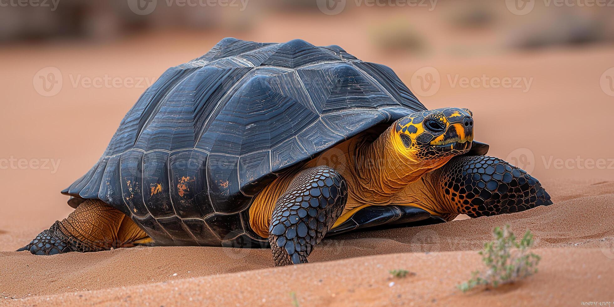 desert tortoise moving across arid sand dunes, showcasing its unique shell and vibrant colors photo