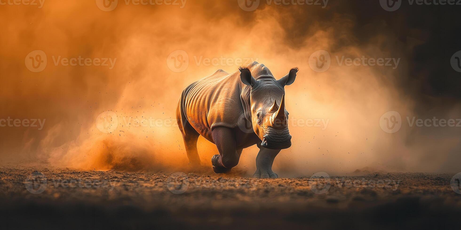 rhinoceros running through dusty savanna, creating dramatic scene photo