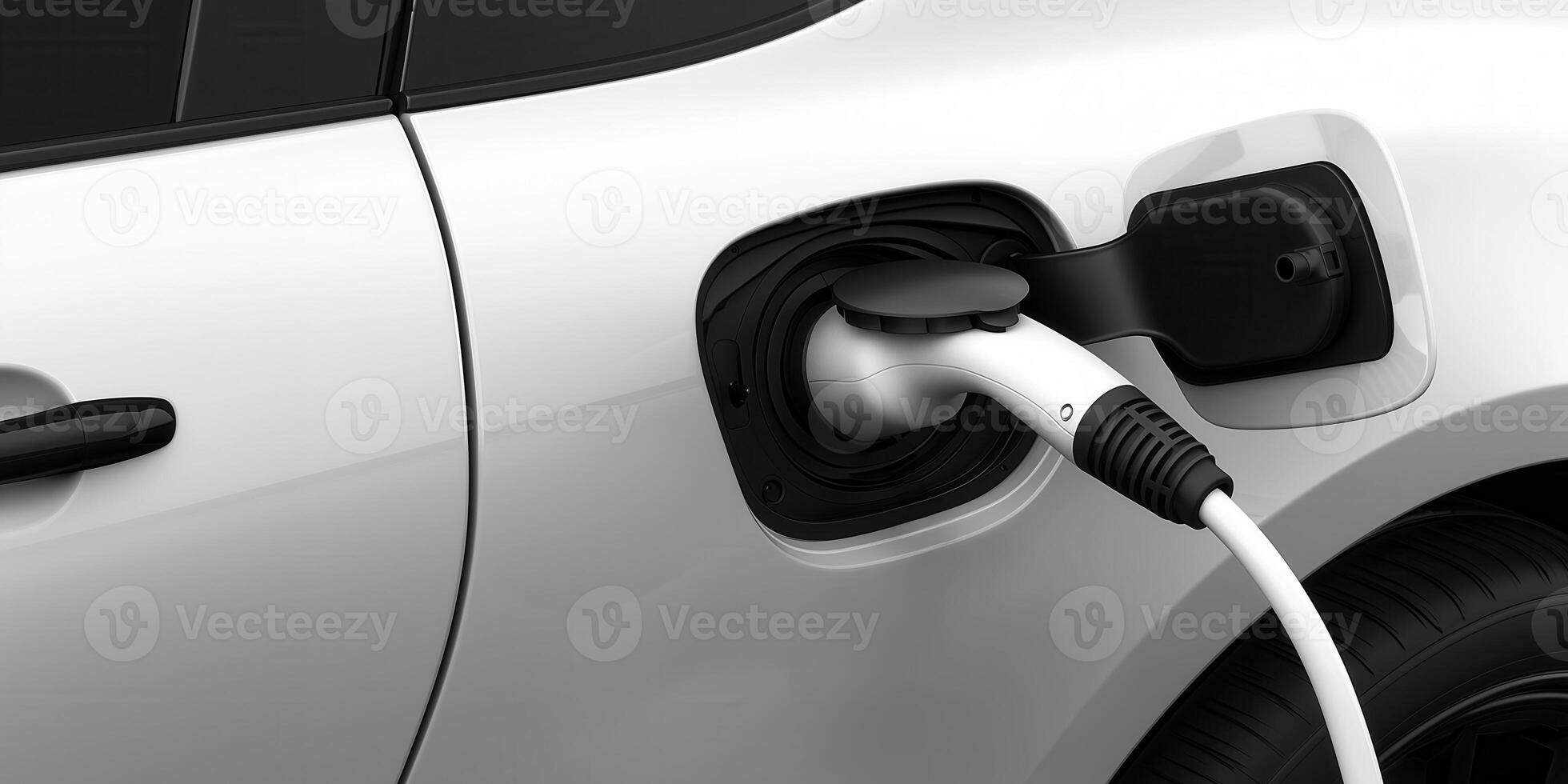 close up of electric vehicle charging at station, showcasing charging port and cable. This highlights transition to sustainable energy photo