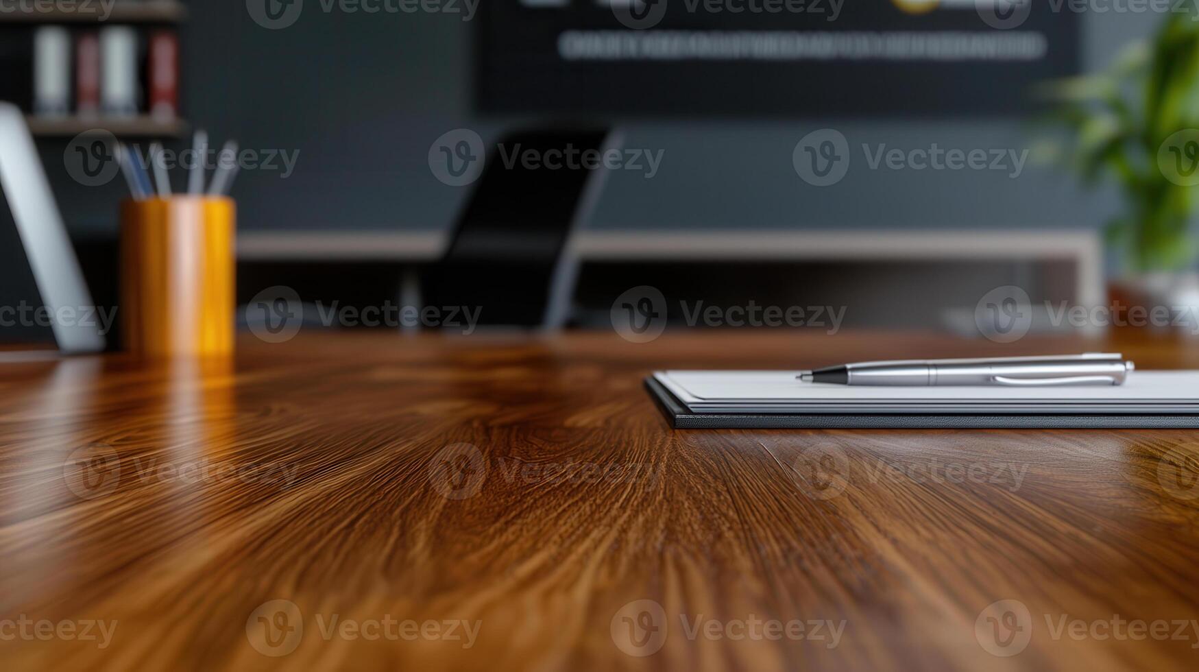 sleek wooden desk with pen and notepad, creating professional atmosphere photo