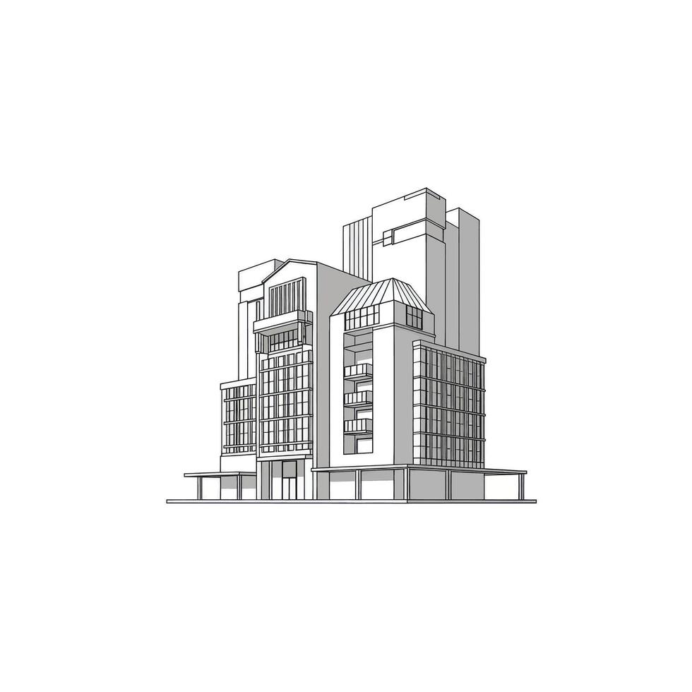 A drawing of a tall building with a large window vector