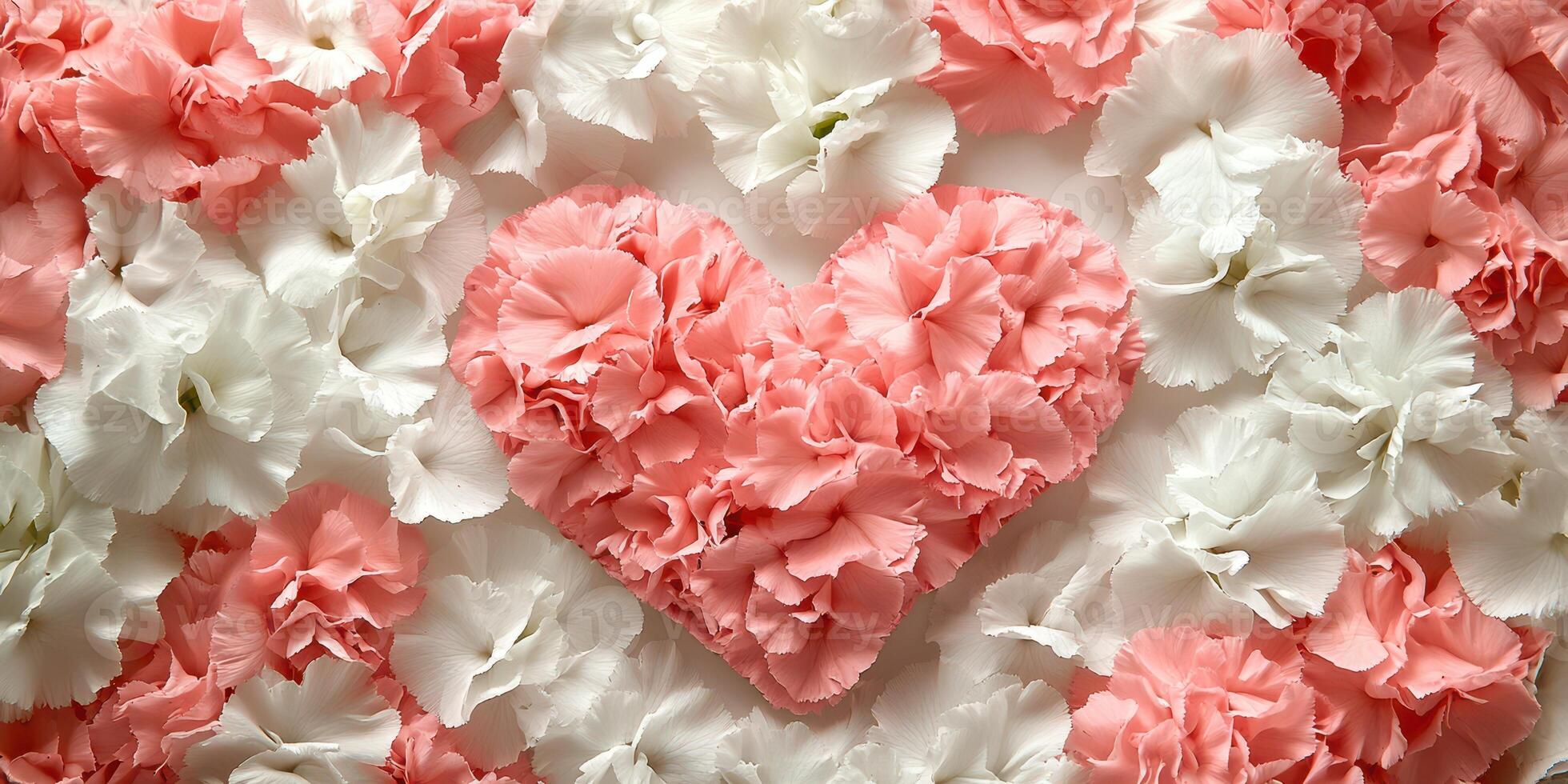 Heart-shaped arrangement of pink and white flowers on a light background perfect for romantic occasions photo
