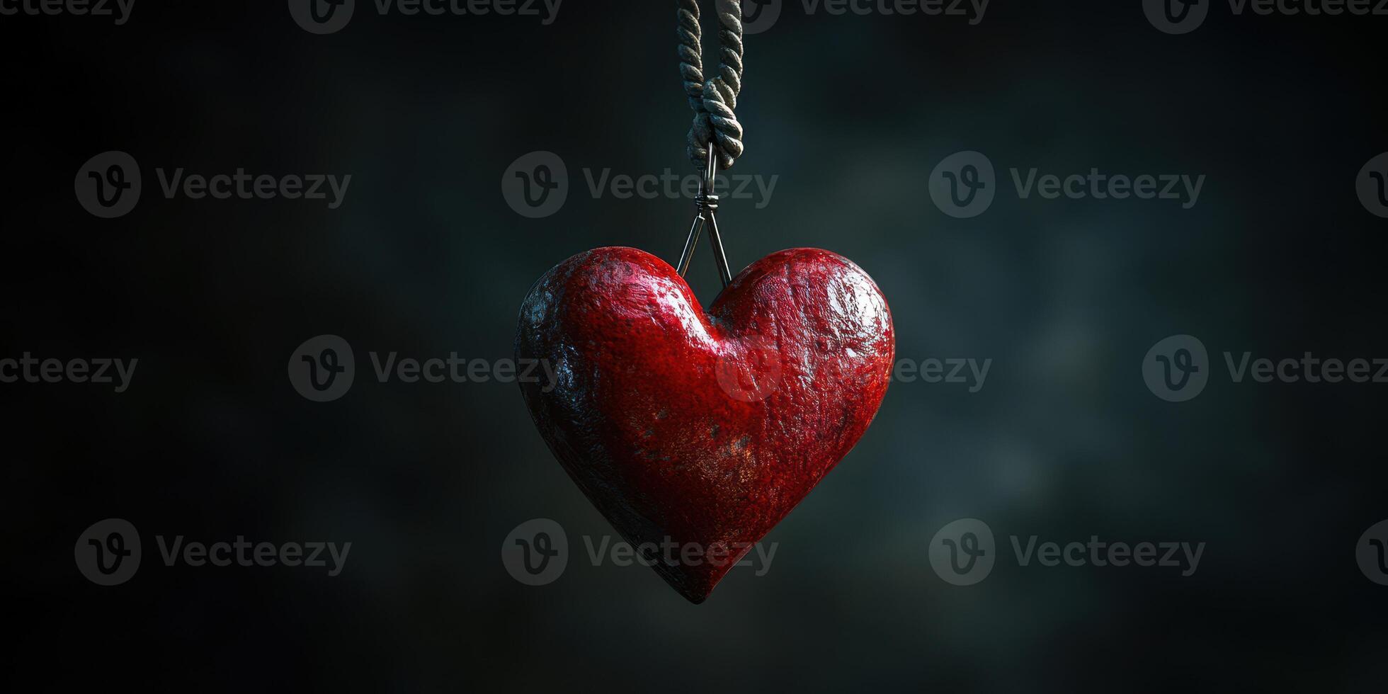 Red heart pendant hanging from rope against dark background in a symbolic representation of love and emotions photo