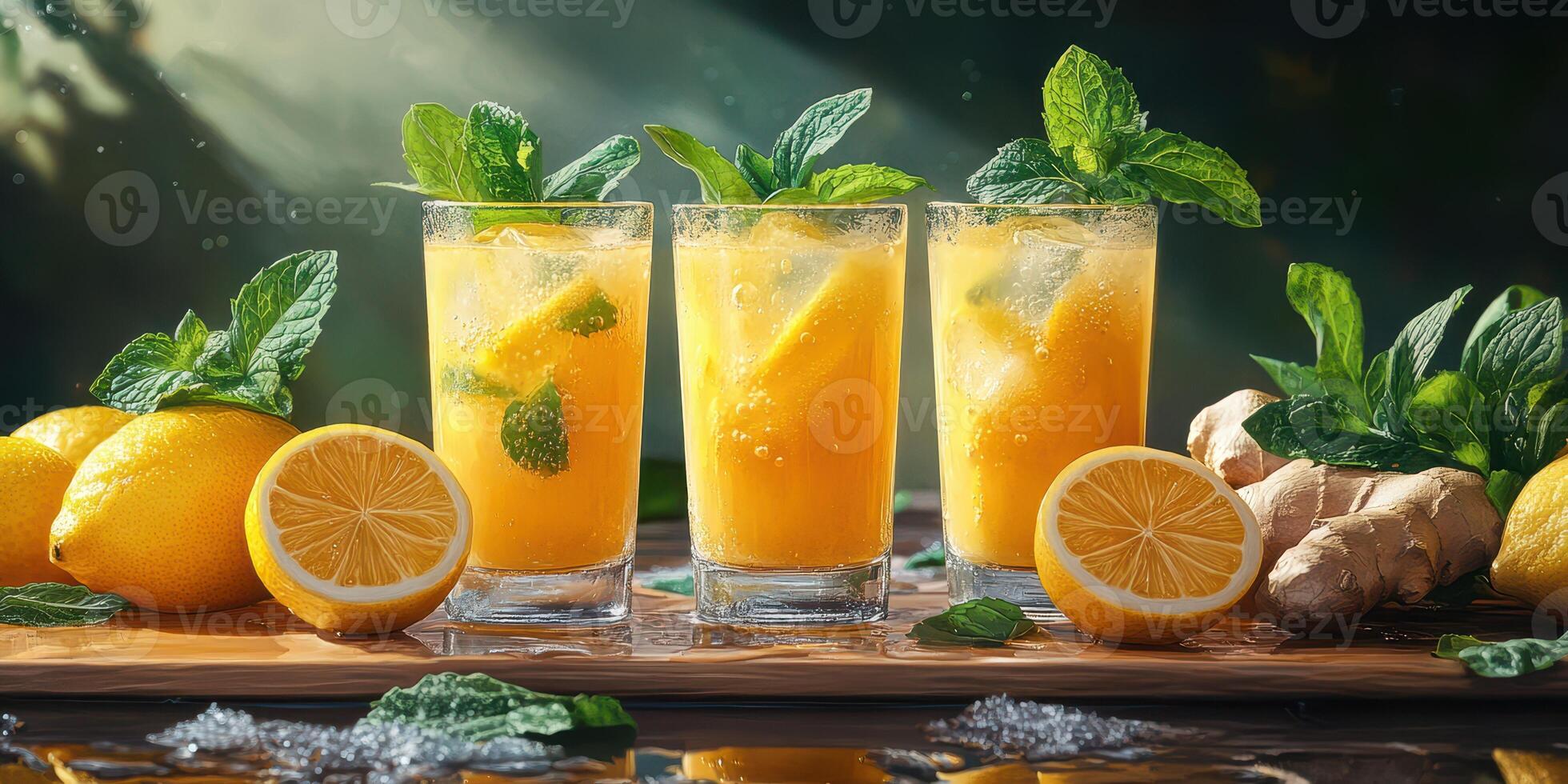 Refreshing lemonade drinks with mint and ginger on a wooden board in natural light photo