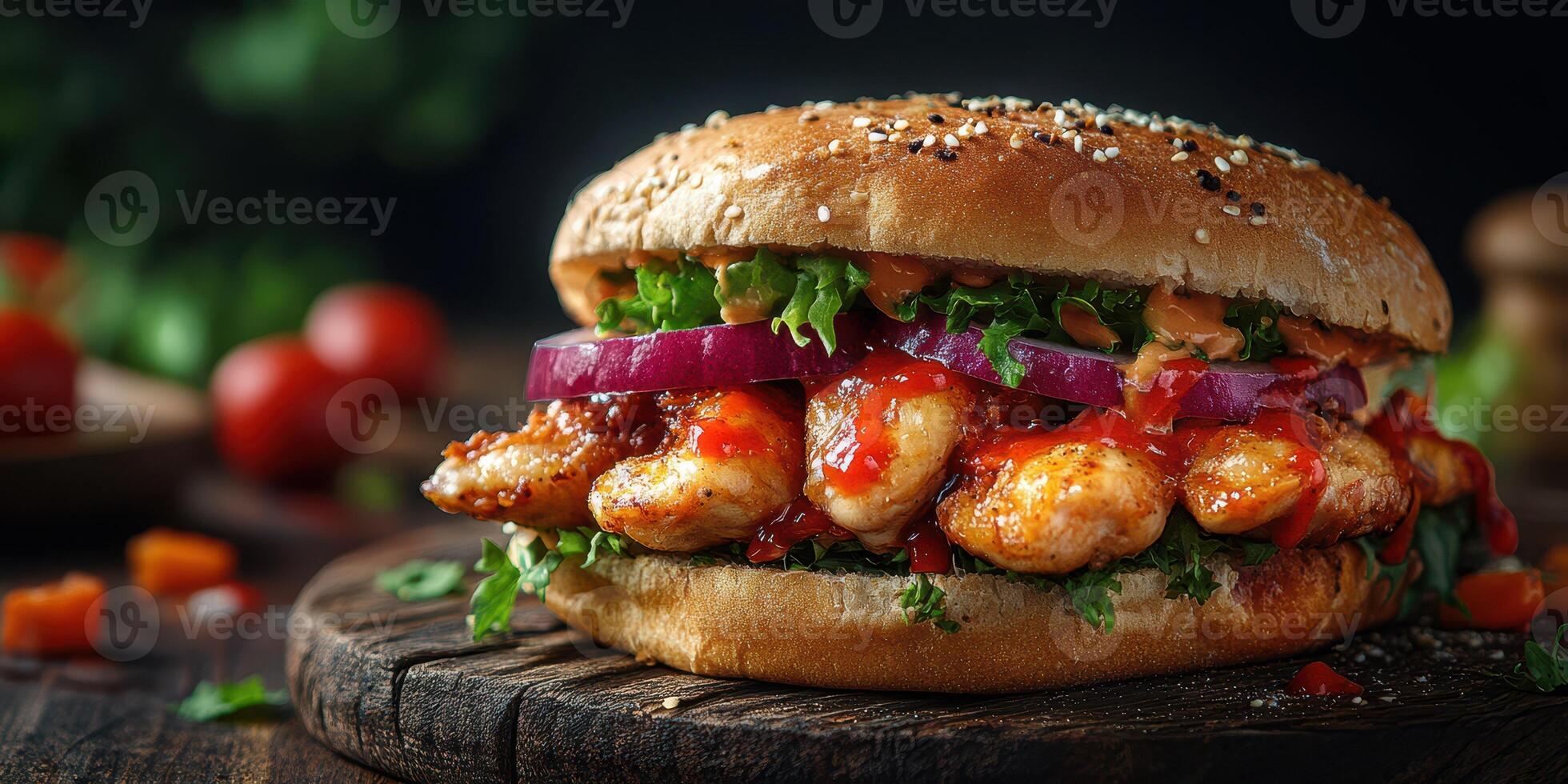 Delicious spicy chicken burger with fresh toppings served on wooden table photo