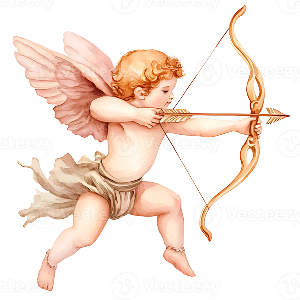 Watercolor Valentine's day cherub flying and shooting heart arrow, romantic love. png