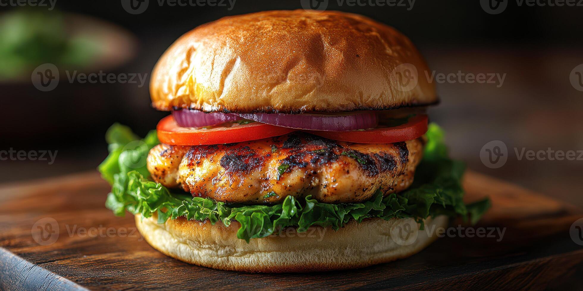 Delicious grilled chicken burger served on a wooden board with fresh toppings and vibrant colors for a perfect meal photo