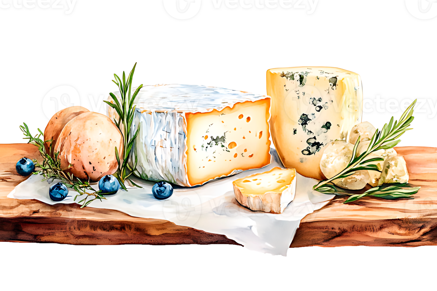 Various types of cheese on black wooden table. png