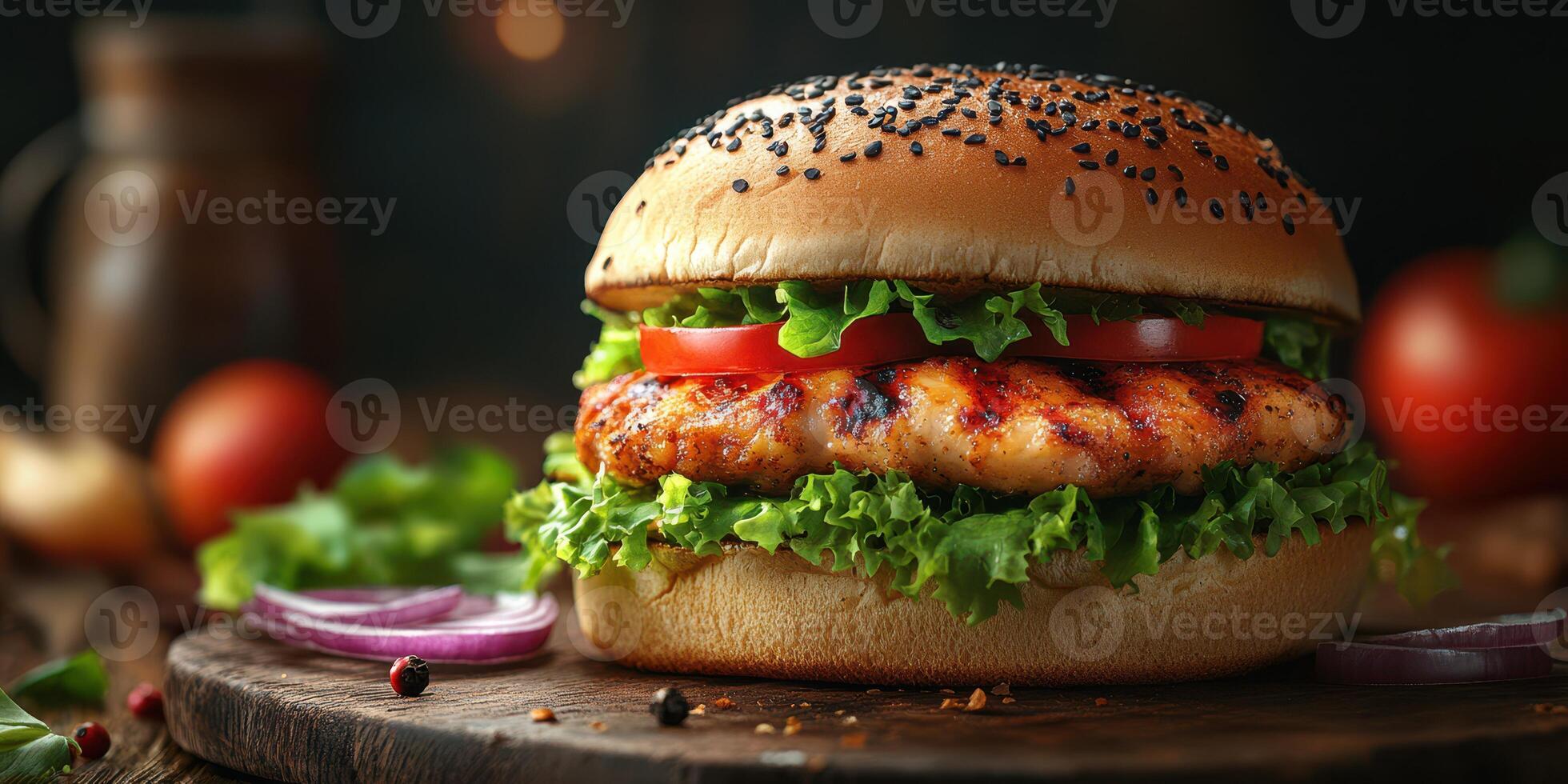 Grilled chicken burger with fresh toppings served on a rustic wooden board photo