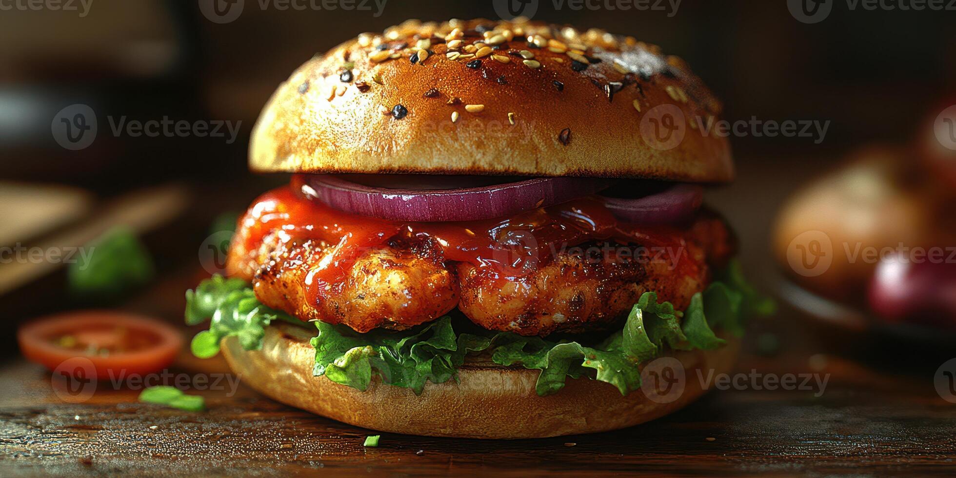 Delicious chicken burger served with fresh toppings and savory sauce on a sesame seed bun photo