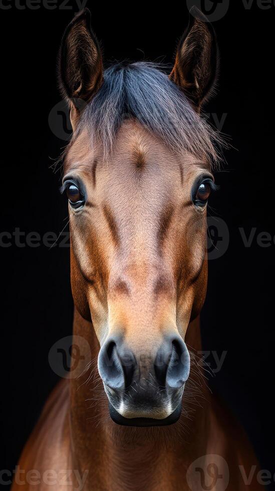Majestic brown horse with a striking mane staring directly at the viewer in a dark background photo
