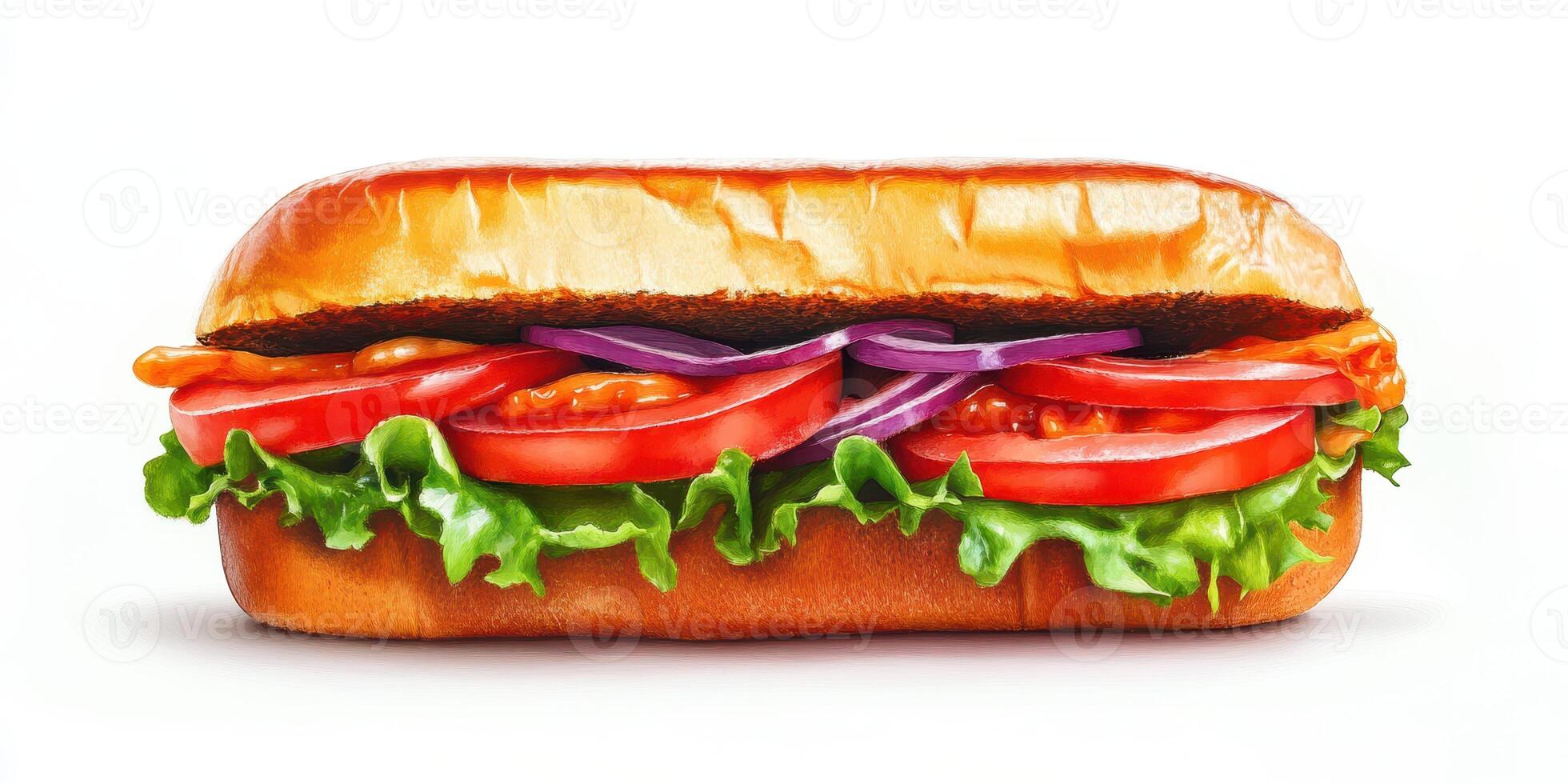 Freshly made sandwich filled with tomatoes, lettuce, and onions presented on a clean background photo