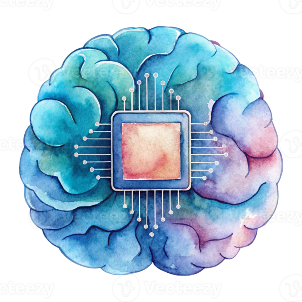 A watercolor illustration of a brain with a circuit board png