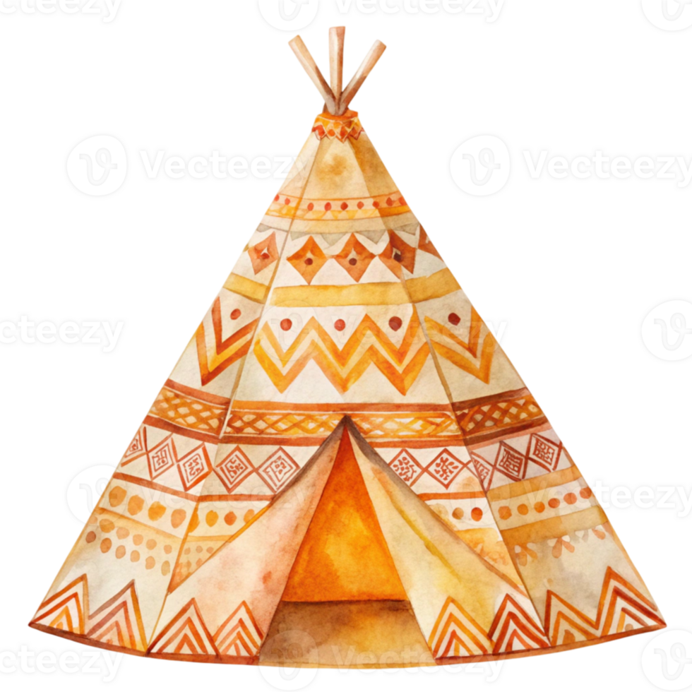 Watercolor teepee with a brown and orange pattern png