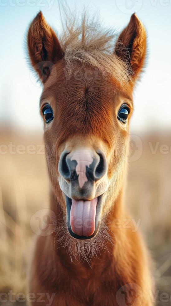 Cheerful young pony showing its playful side in a sunny pasture during golden hour photo