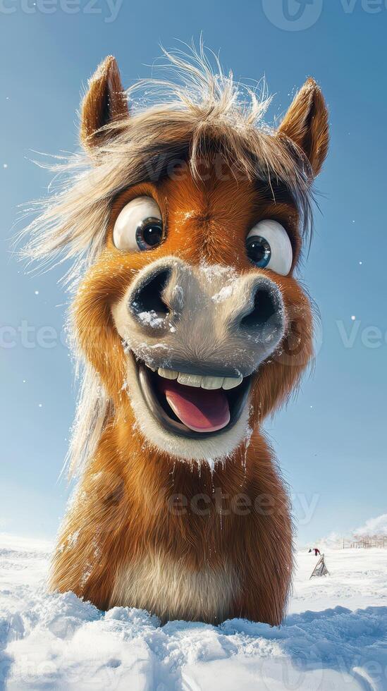 Happy cartoon horse smiling in snowy landscape during bright winter day with clear blue sky photo