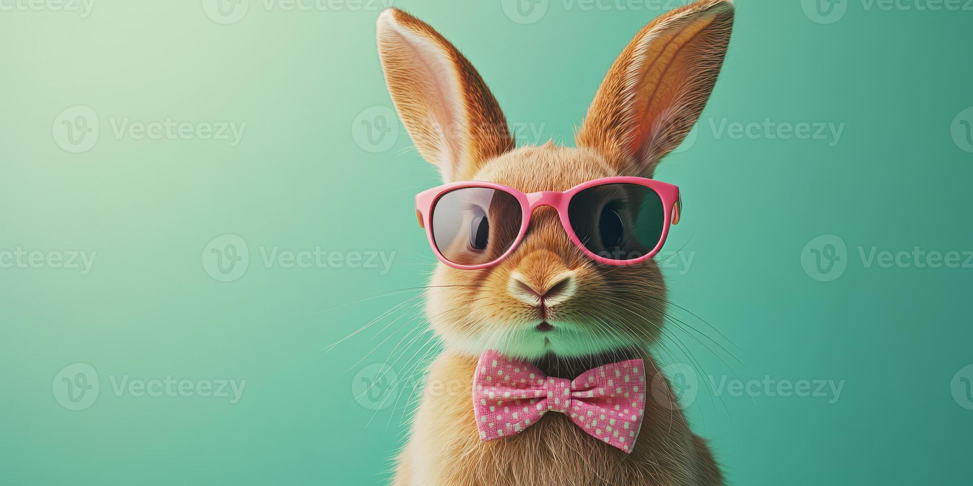 Stylish rabbit wearing pink sunglasses and a polka dot bow tie against a vibrant green background photo