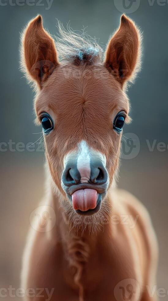 Cute foal playfully sticking out its tongue in a soft, blurred background during golden hour photo