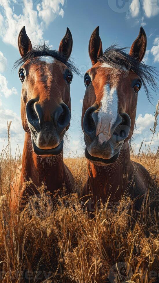 Two horses smiling in a golden field under a clear blue sky surrounded by fluffy clouds photo