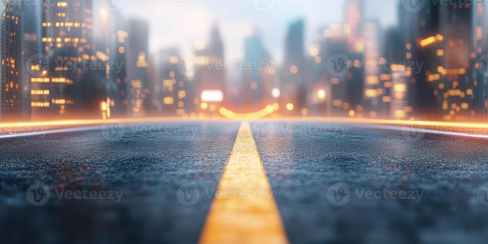 Urban street view at dusk with rain-soaked pavement reflecting city lights and skyline in the background photo