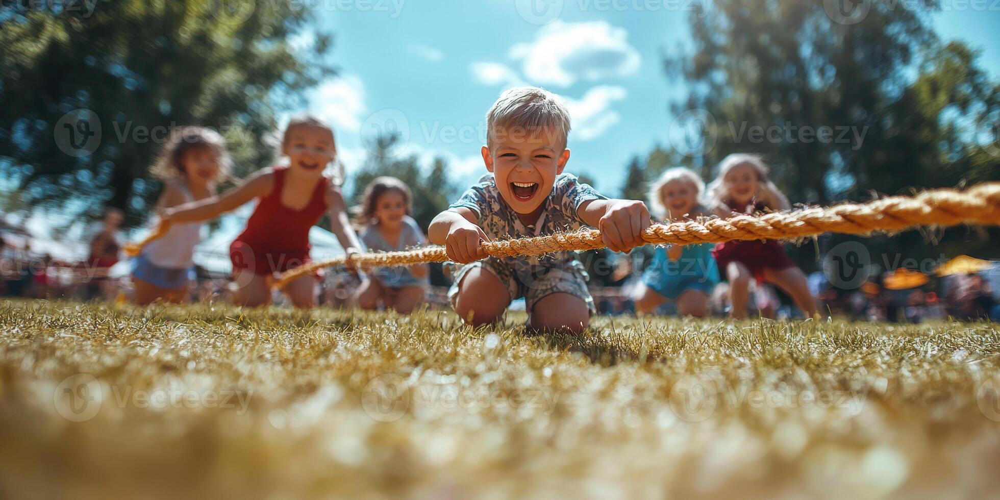 Children engaged in a fun outdoor tug-of-war game during a summer festival in a sunny park setting photo