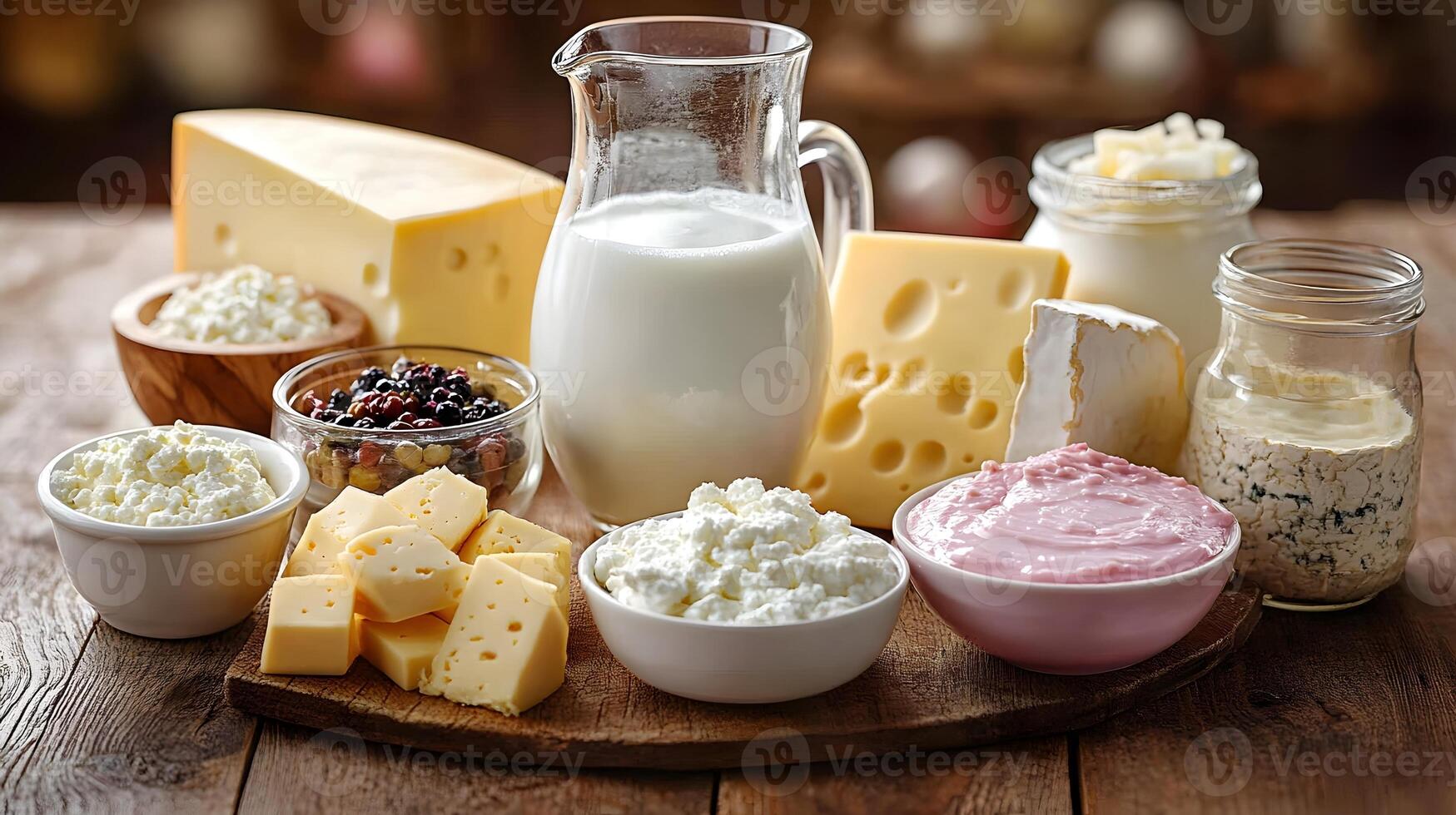 Fresh Milk and cheese platter with hard and soft cheese on wooden table photo